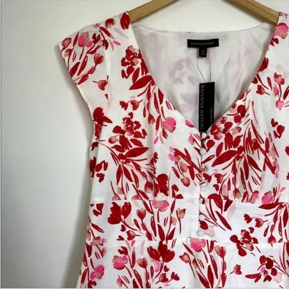 Banana Republic NWT Spring Coral Floral Linen Cotton Mini Dress - Picture 3 of 10